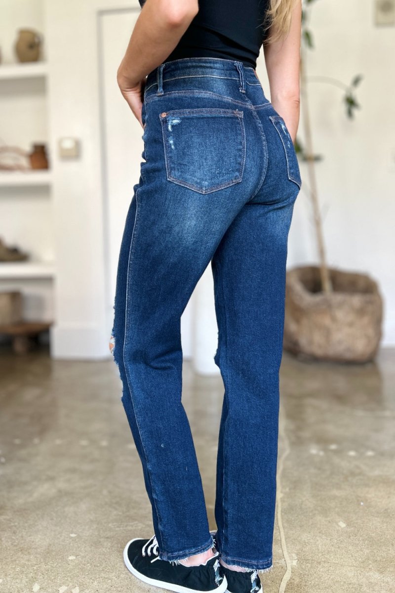 Judy Blue Full Size High Waist Rigid Magic Heavy Destroy Straight Jeans - S. M. & Co. Straight Leg Jeans