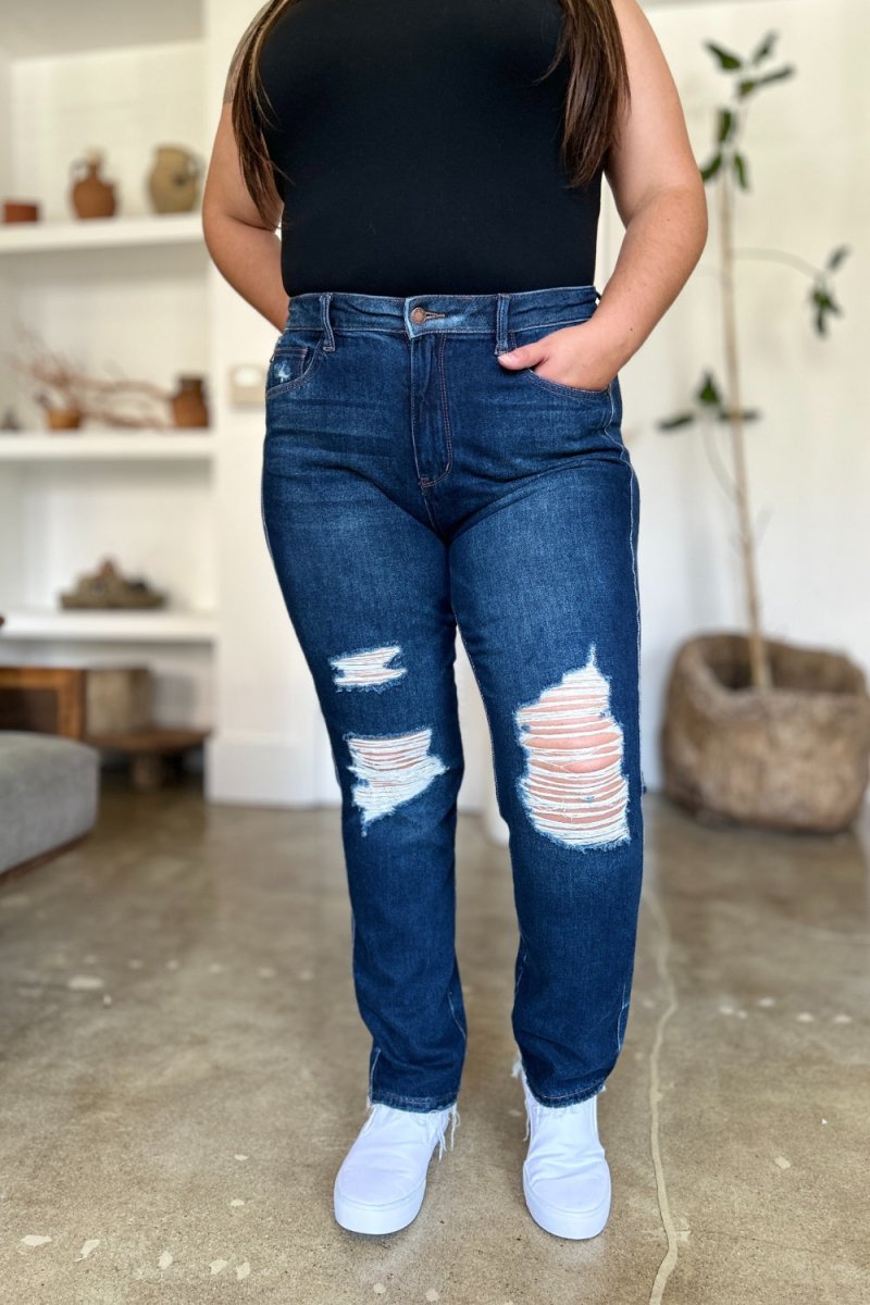 Judy Blue Full Size High Waist Rigid Magic Heavy Destroy Straight Jeans - S. M. & Co. Straight Leg Jeans