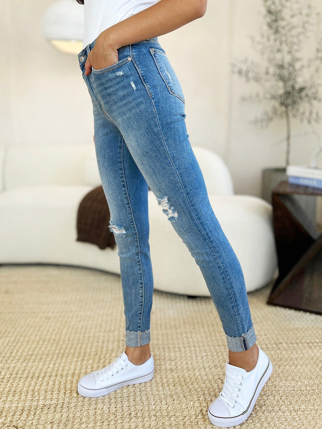 Judy Blue Full Size Mid Rise Destroy & Cuff Skinny Jeans - S. M. & Co. Denim Jeans