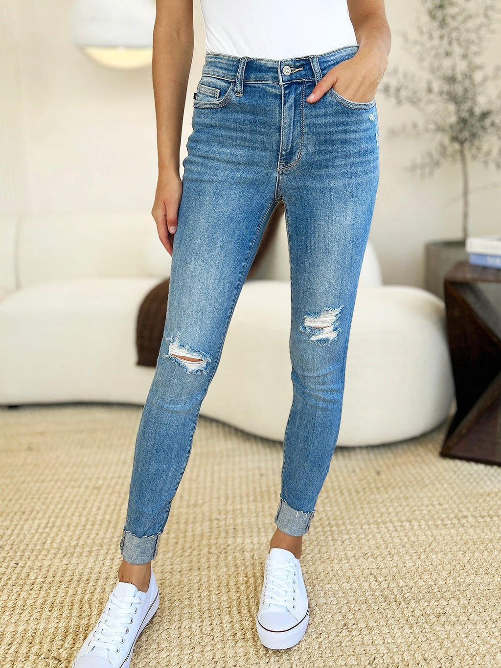 Judy Blue Full Size Mid Rise Destroy & Cuff Skinny Jeans - S. M. & Co. Denim Jeans