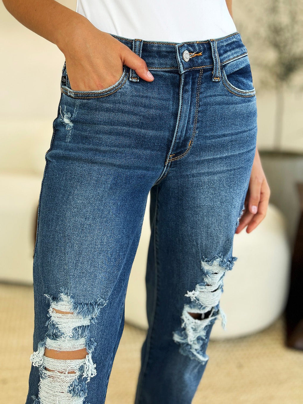 Judy Blue Full Size Mid Rise Distressed Raw Hem Jeans - S. M. & Co. Denim Jeans