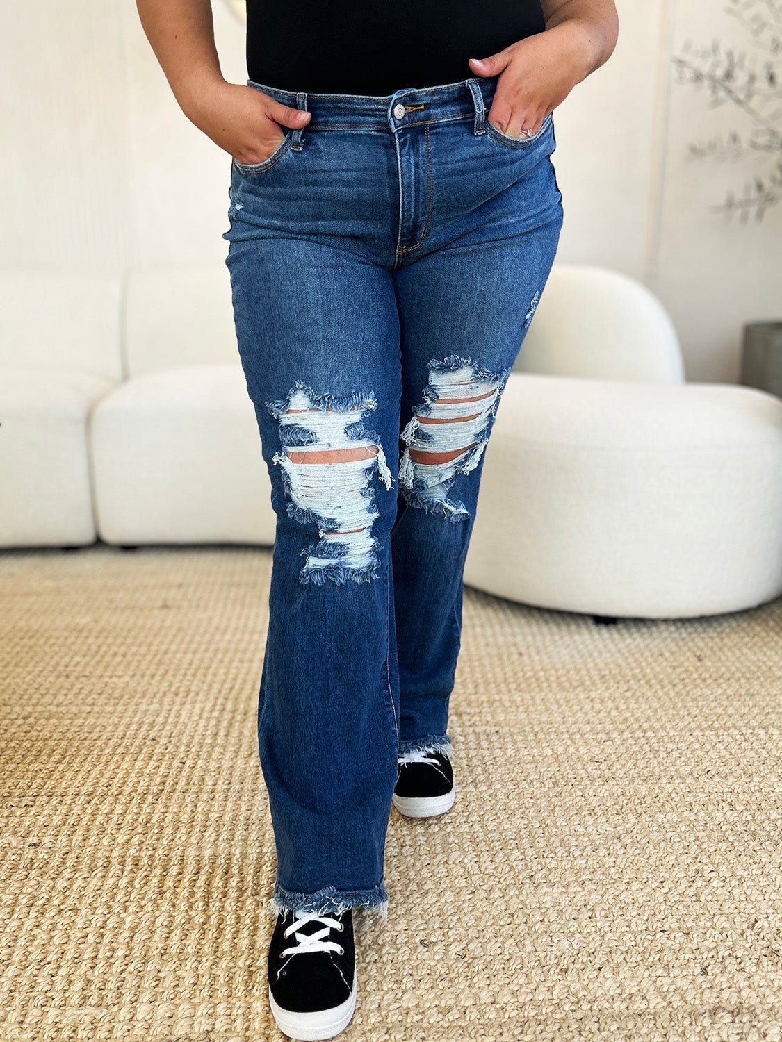 Judy Blue Full Size Mid Rise Distressed Raw Hem Jeans - S. M. & Co. Denim Jeans