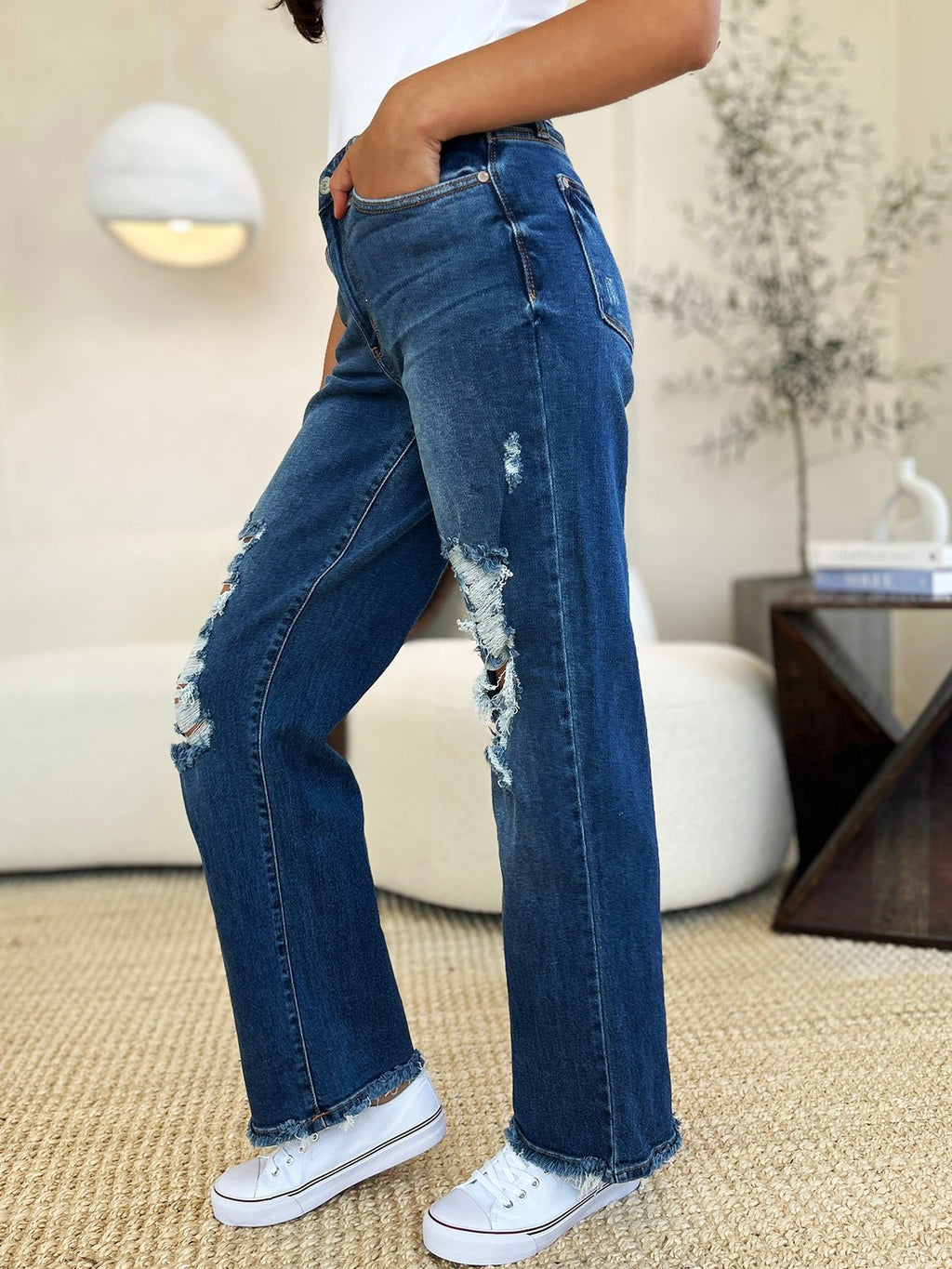 Judy Blue Full Size Mid Rise Distressed Raw Hem Jeans - S. M. & Co. Denim Jeans