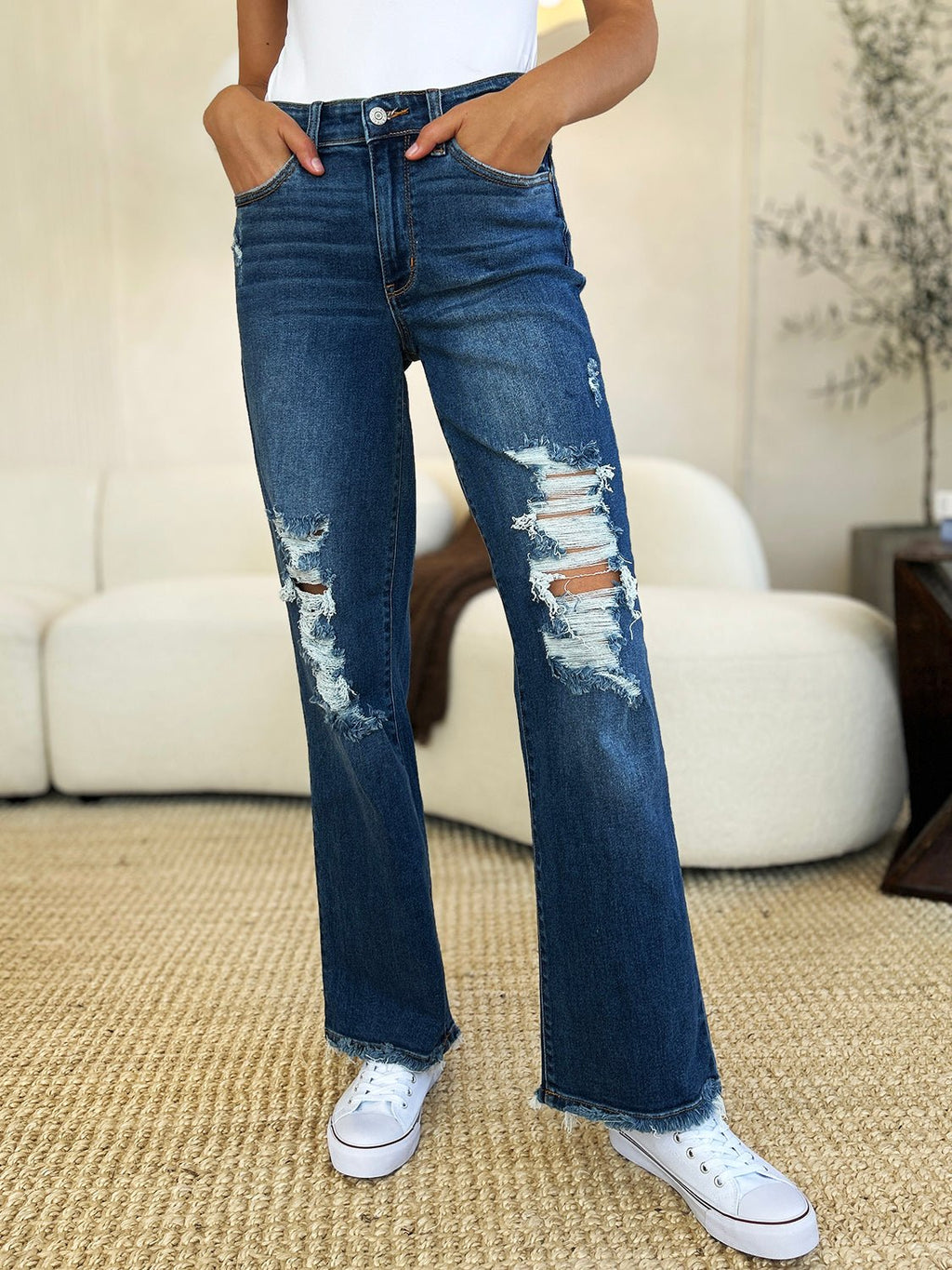 Judy Blue Full Size Mid Rise Distressed Raw Hem Jeans - S. M. & Co. Denim Jeans