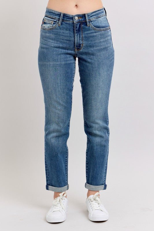 Judy Blue Full Size Mid Rise Skinny Cuff Jeans with Pockets Plus Size - S. M. & Co.