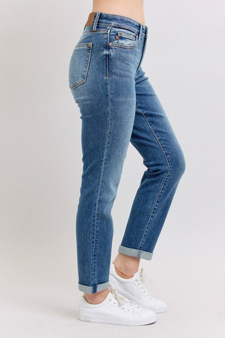 Judy Blue Full Size Mid Rise Skinny Cuff Jeans with Pockets Plus Size - S. M. & Co.