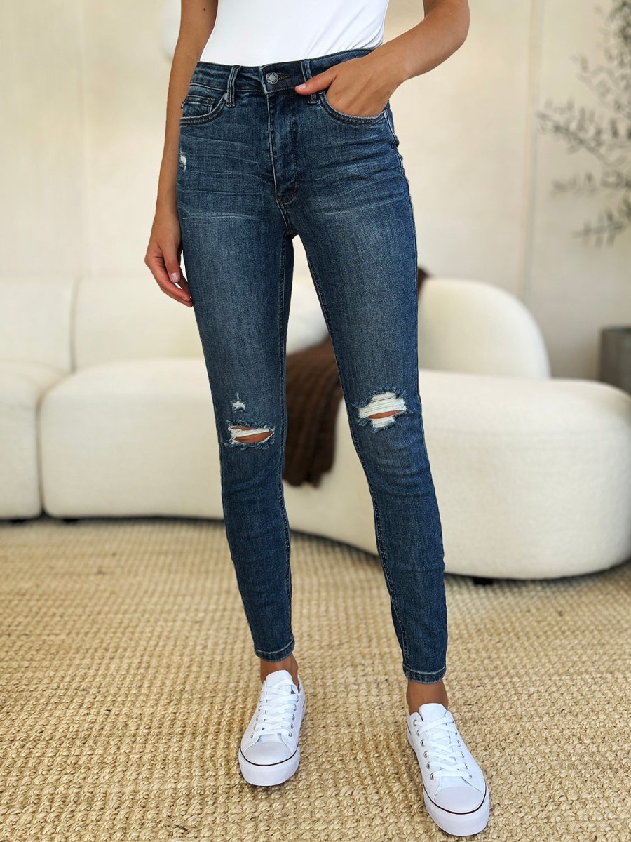 Judy Blue Full Size Mid Waist Distressed Slim Jeans - S. M. & Co. Slim Jeans