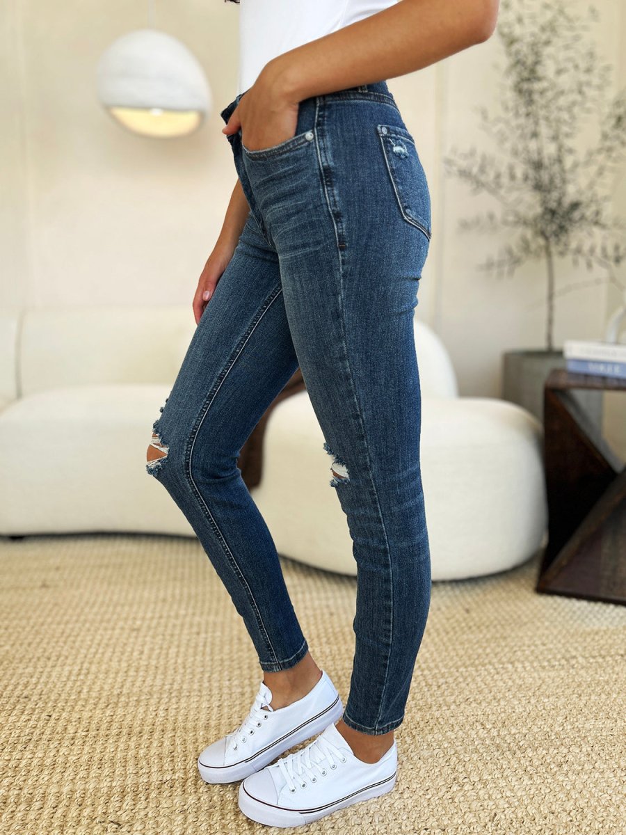 Judy Blue Full Size Mid Waist Distressed Slim Jeans - S. M. & Co. Slim Jeans