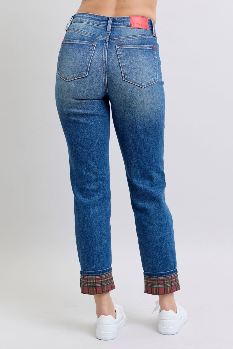 Judy Blue Full Size Plaid Print Cuff Straight Leg Jeans with Pockets - S. M. & Co.