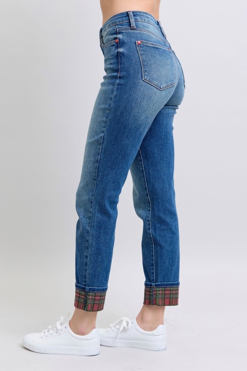 Judy Blue Full Size Plaid Print Cuff Straight Leg Jeans with Pockets - S. M. & Co.