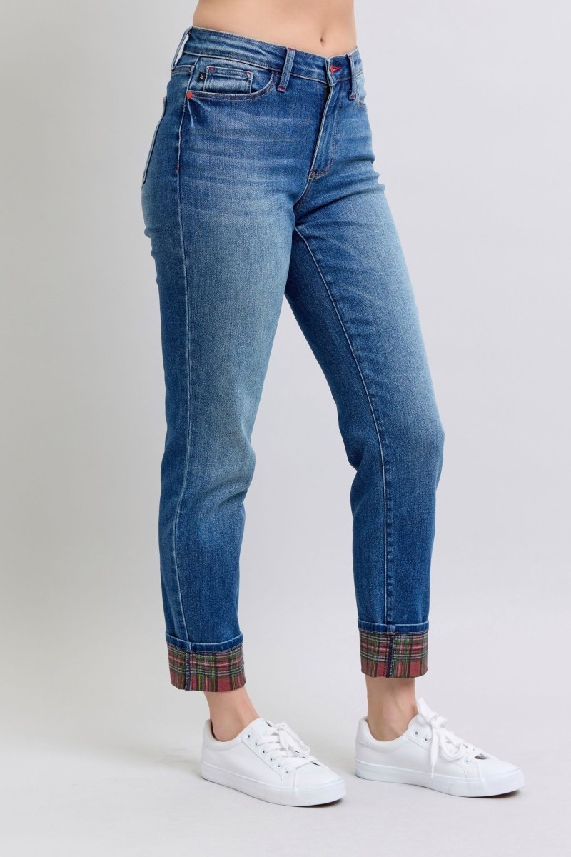 Judy Blue Full Size Plaid Print Cuff Straight Leg Jeans with Pockets - S. M. & Co.