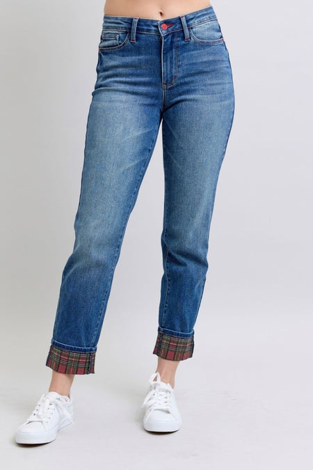 Judy Blue Full Size Plaid Print Cuff Straight Leg Jeans with Pockets - S. M. & Co.