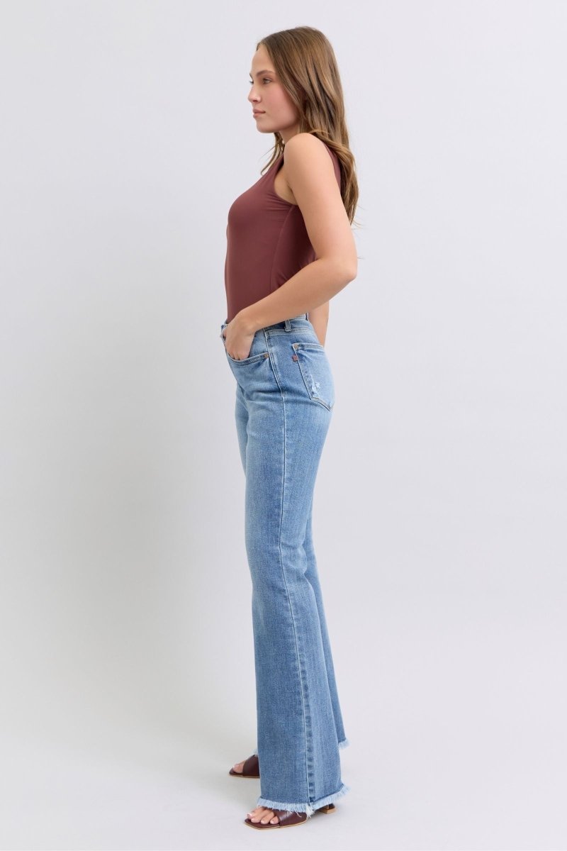 Judy Blue Full Size Raw Hem High Rise Bootcut Jeans - S. M. & Co.