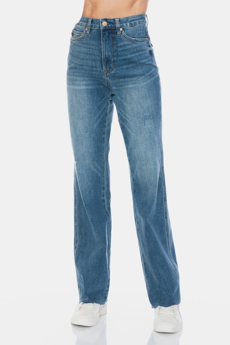 Judy Blue Full Size Tummy Control Cut Raw Hem Straight Jeans - S. M. & Co.