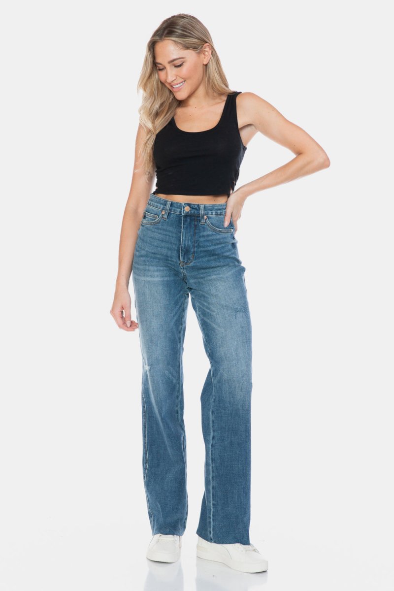 Judy Blue Full Size Tummy Control Cut Raw Hem Straight Jeans - S. M. & Co.