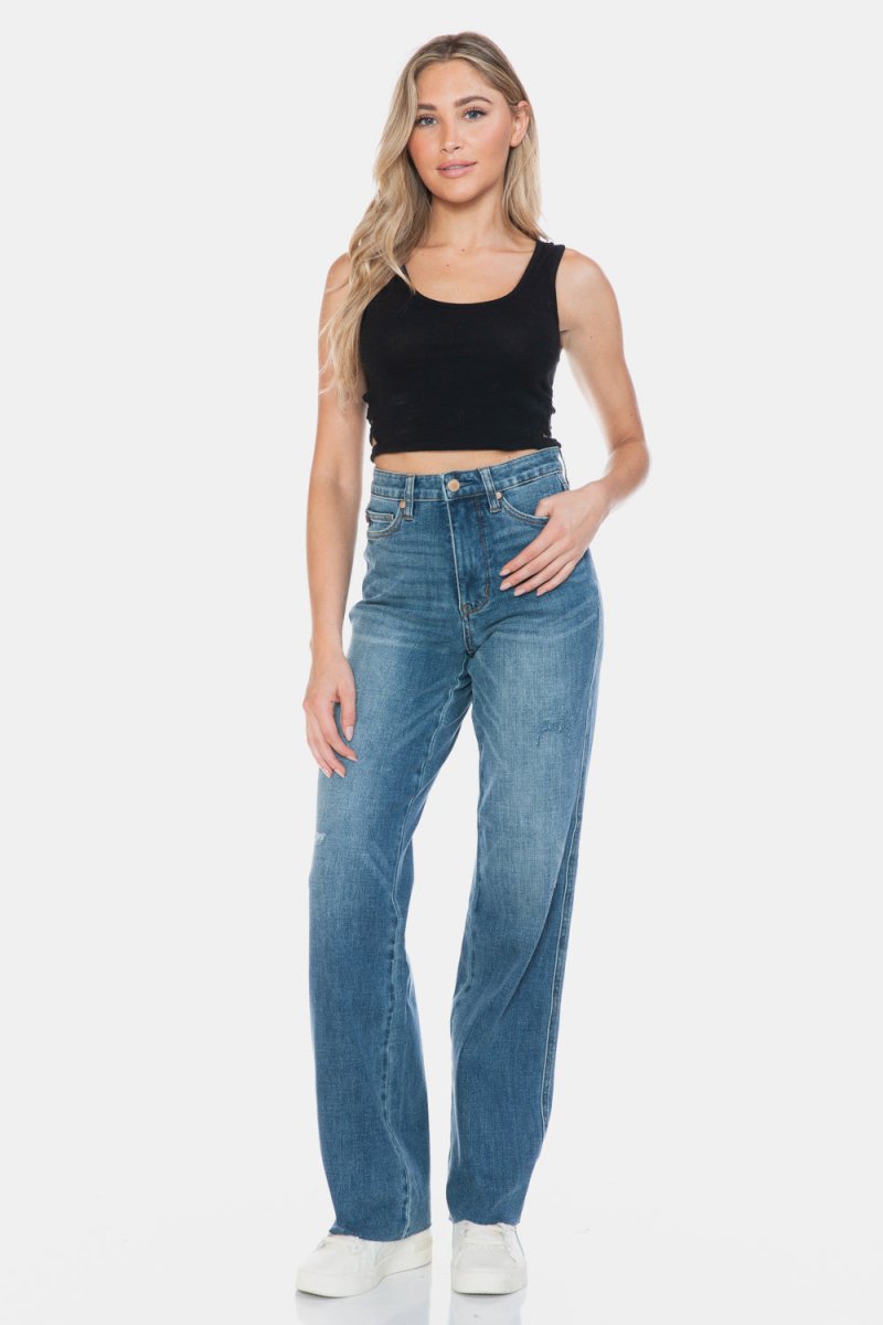 Judy Blue Full Size Tummy Control Cut Raw Hem Straight Jeans - S. M. & Co.