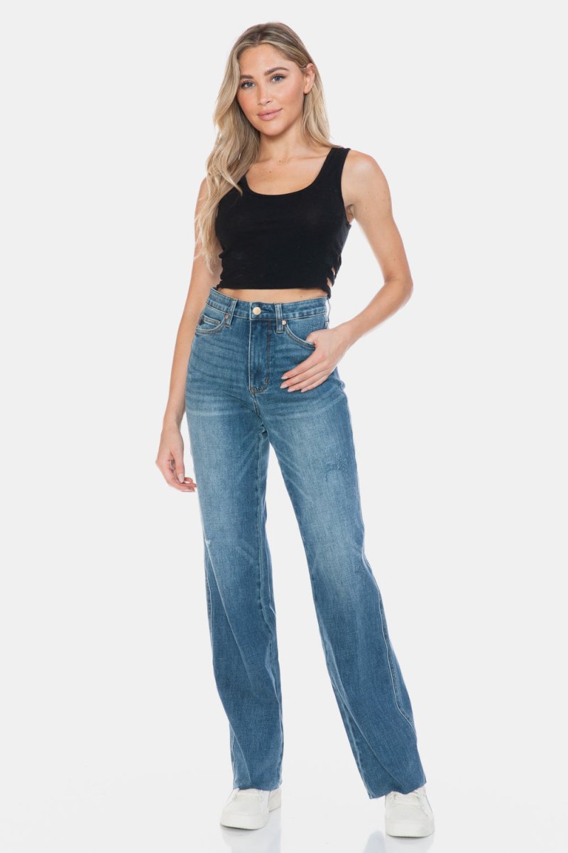 Judy Blue Full Size Tummy Control Cut Raw Hem Straight Jeans - S. M. & Co.