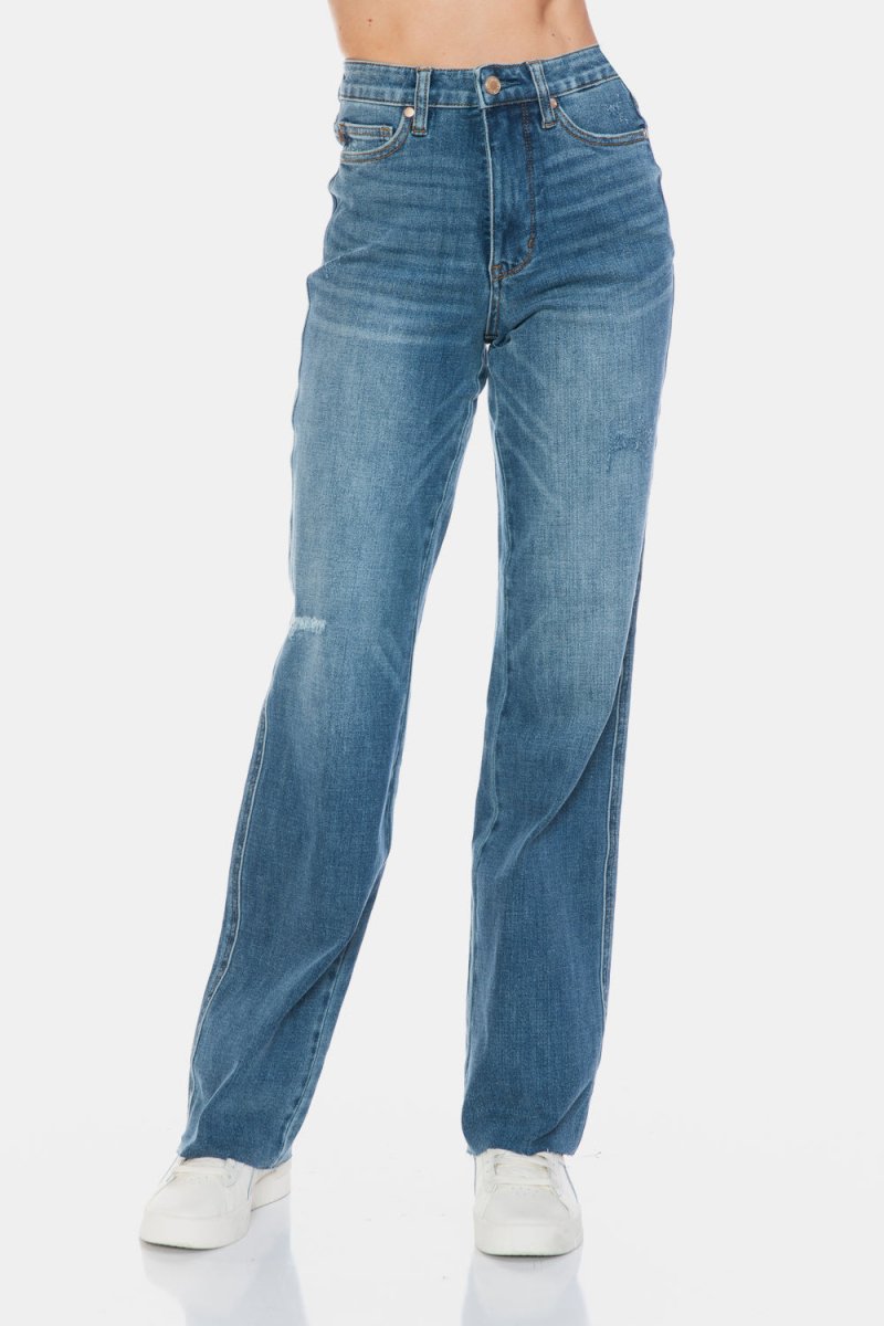 Judy Blue Full Size Tummy Control Cut Raw Hem Straight Jeans - S. M. & Co.