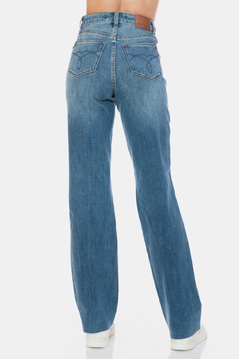 Judy Blue Full Size Tummy Control Cut Raw Hem Straight Jeans - S. M. & Co.