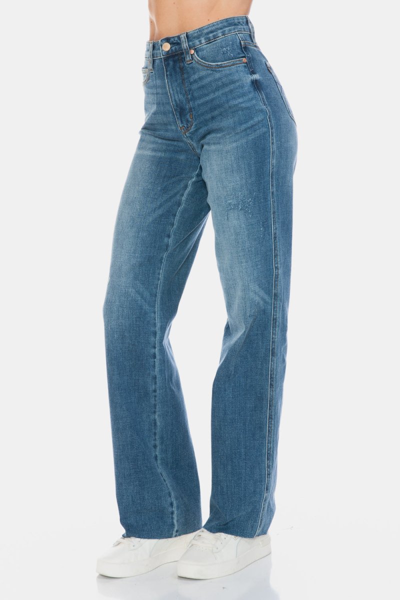 Judy Blue Full Size Tummy Control Cut Raw Hem Straight Jeans - S. M. & Co.