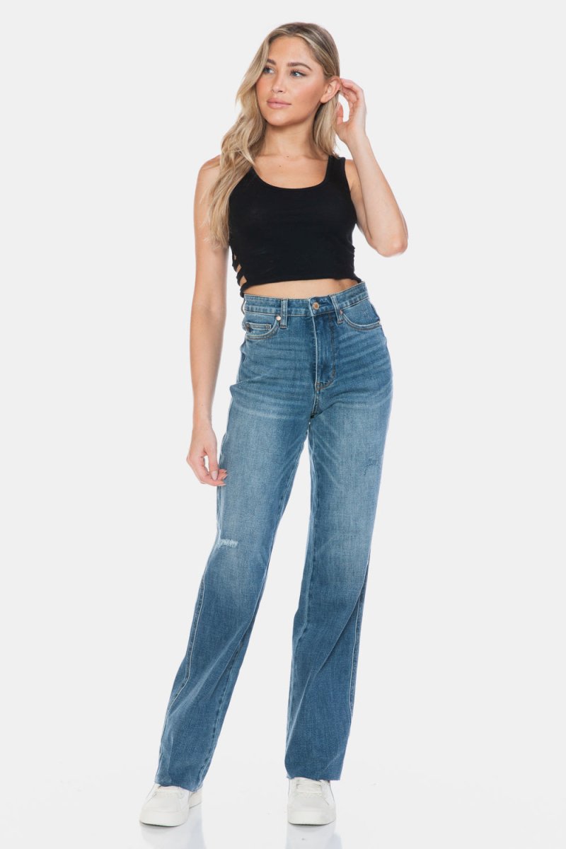 Judy Blue Full Size Tummy Control Cut Raw Hem Straight Jeans - S. M. & Co.