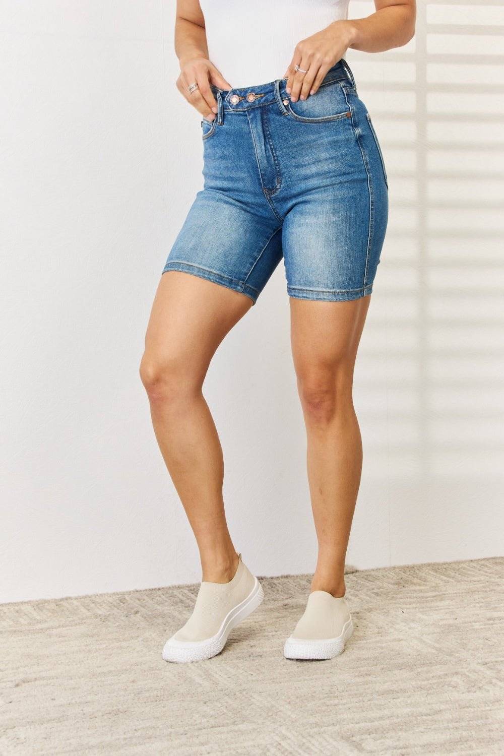 Judy Blue Full Size Tummy Control Double Button Bermuda Denim Shorts - S. M. & Co. Denim Shorts