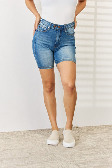 Judy Blue Full Size Tummy Control Double Button Bermuda Denim Shorts - S. M. & Co. Denim Shorts