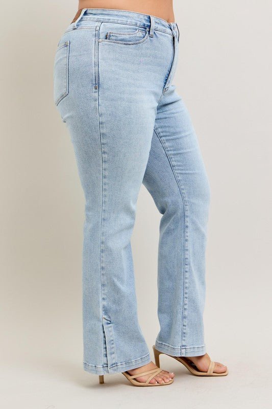Judy Blue Full Size Tummy Control Vintage Wash Side Slit Slim Boot Jeans Plus Size - S. M. & Co.