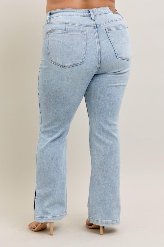 Judy Blue Full Size Tummy Control Vintage Wash Side Slit Slim Boot Jeans Plus Size - S. M. & Co.