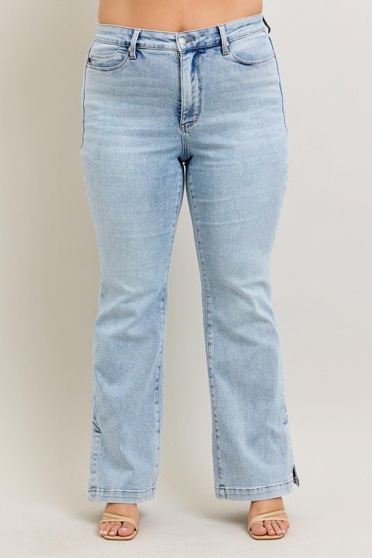 Judy Blue Full Size Tummy Control Vintage Wash Side Slit Slim Boot Jeans Plus Size - S. M. & Co.