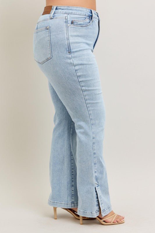 Judy Blue Full Size Tummy Control Vintage Wash Side Slit Slim Boot Jeans Plus Size - S. M. & Co.