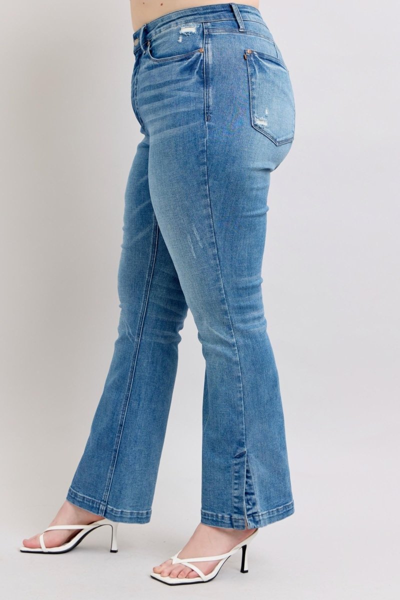 Judy Blue HW Tummy Control Vintage Wash Side Slit Slim Boot Jeans - S. M. & Co.