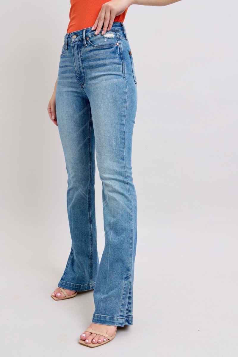 Judy Blue HW Tummy Control Vintage Wash Side Slit Slim Boot Jeans - S. M. & Co.