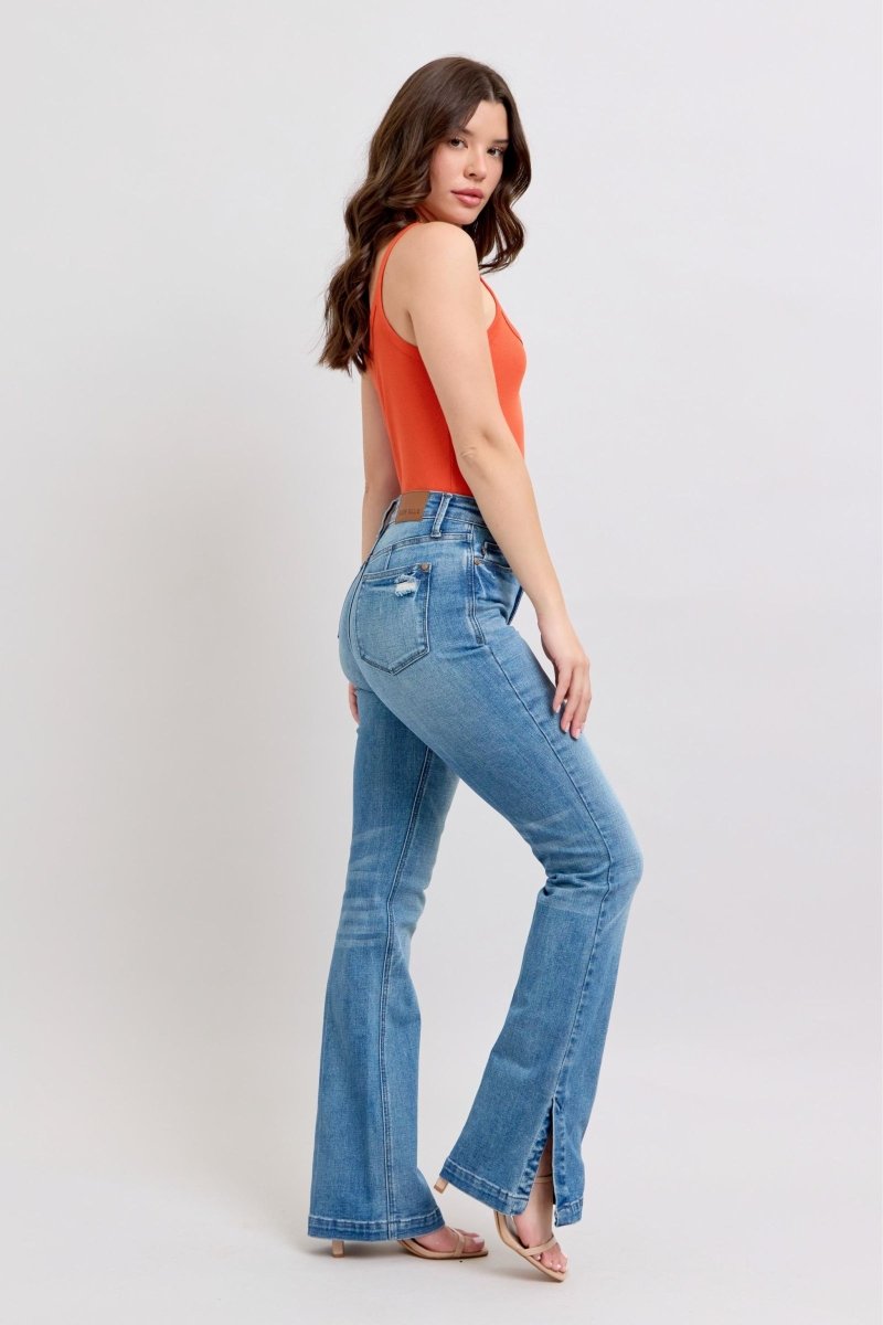 Judy Blue HW Tummy Control Vintage Wash Side Slit Slim Boot Jeans - S. M. & Co.