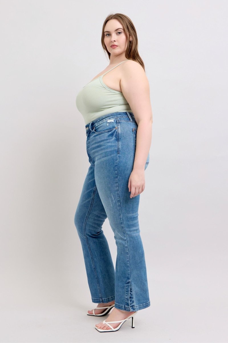 Judy Blue HW Tummy Control Vintage Wash Side Slit Slim Boot Jeans - S. M. & Co.