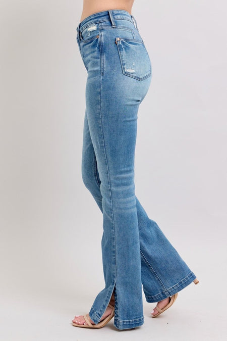 Judy Blue HW Tummy Control Vintage Wash Side Slit Slim Boot Jeans - S. M. & Co.