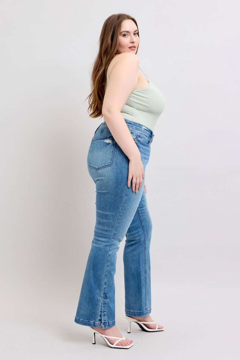 Judy Blue HW Tummy Control Vintage Wash Side Slit Slim Boot Jeans - S. M. & Co.