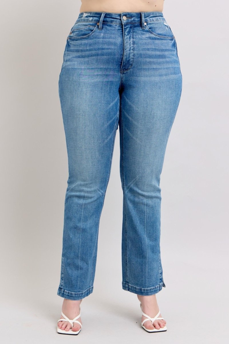 Judy Blue HW Tummy Control Vintage Wash Side Slit Slim Boot Jeans - S. M. & Co.