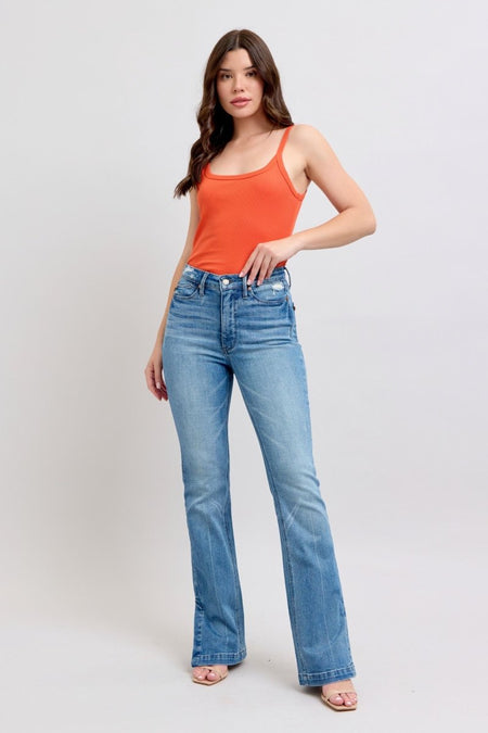 Judy Blue HW Tummy Control Vintage Wash Side Slit Slim Boot Jeans - S. M. & Co.