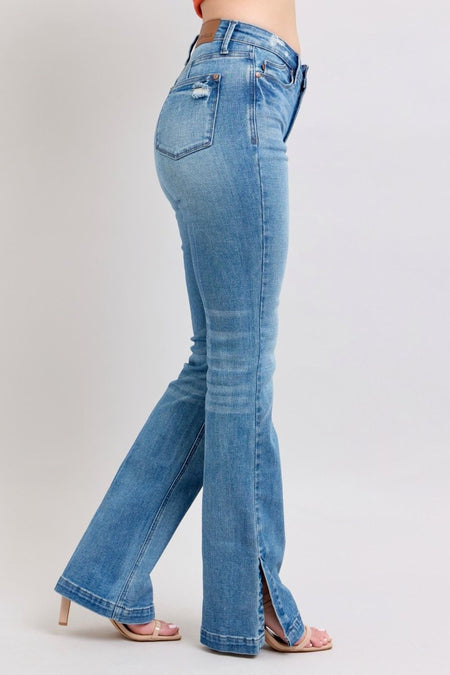 Judy Blue HW Tummy Control Vintage Wash Side Slit Slim Boot Jeans - S. M. & Co.