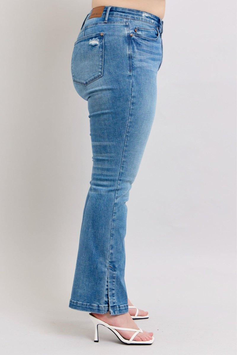 Judy Blue HW Tummy Control Vintage Wash Side Slit Slim Boot Jeans - S. M. & Co.