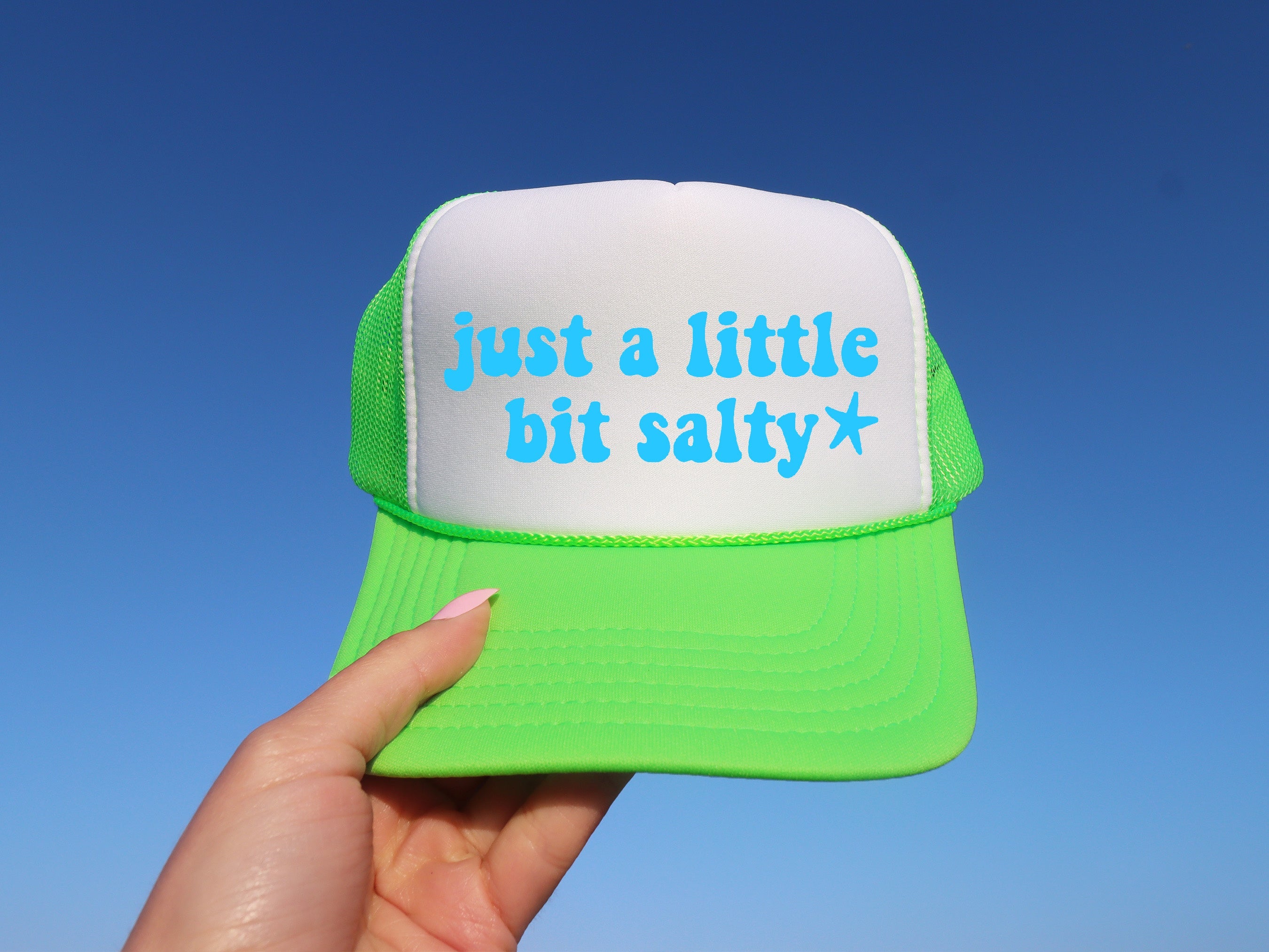 Just a Little Bit Salty DTF Printed Neon Green & White Trucker Hat - S. M. & Co. Shirts & Tops