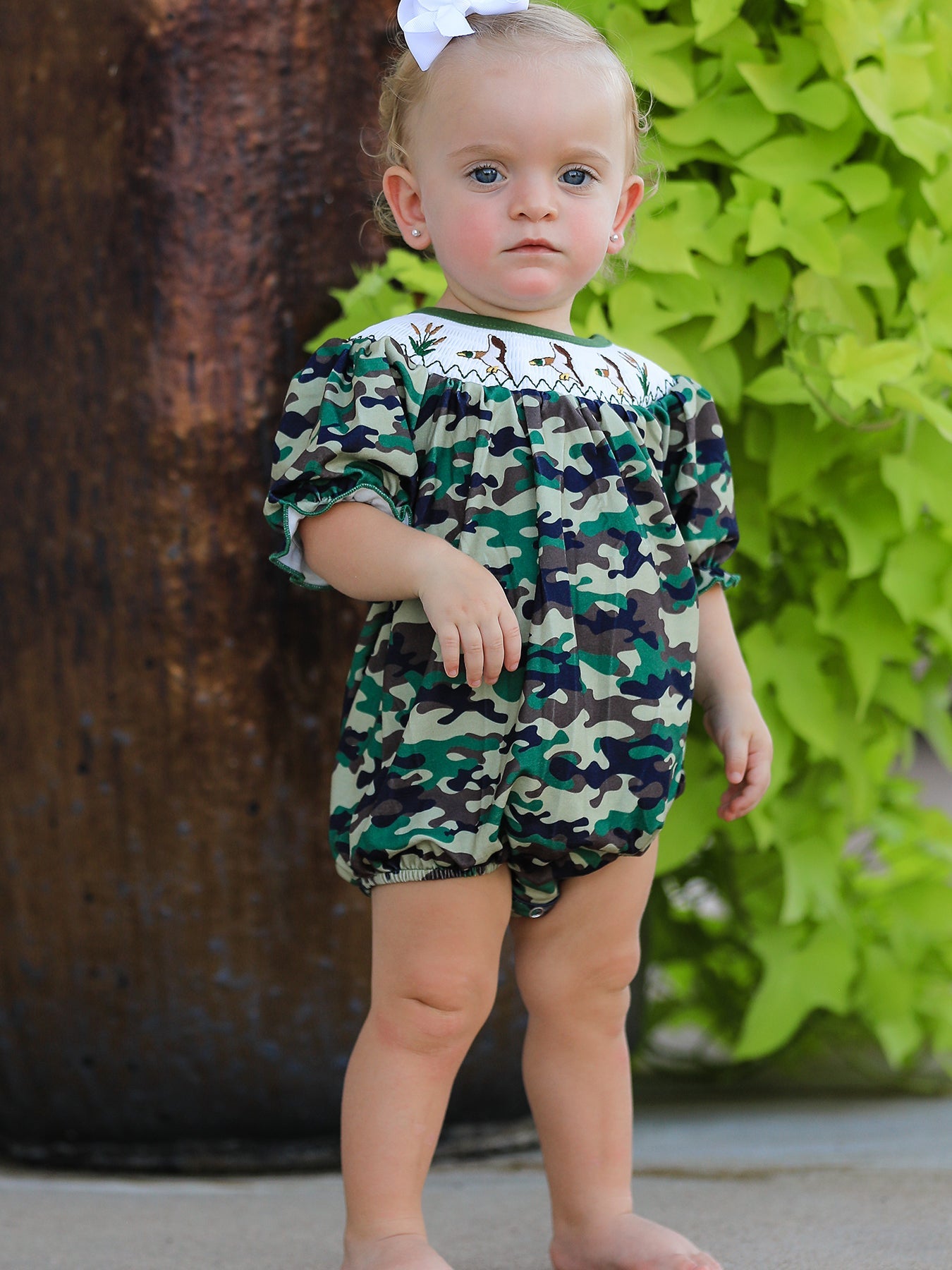 Camouflage Duck Smocking Embroidery Girls Romper