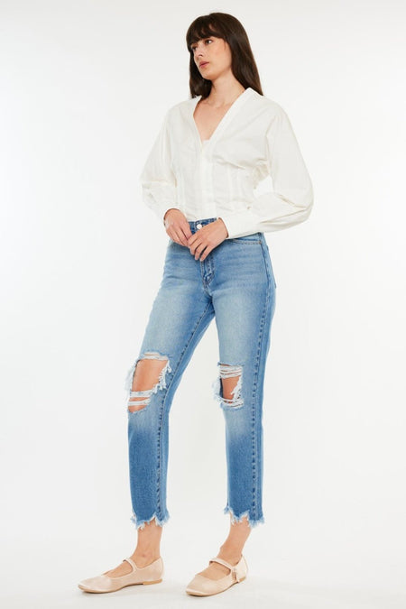 Kancan Distressed Frayed Hem Cropped Jeans - S. M. & Co. Denim Jeans