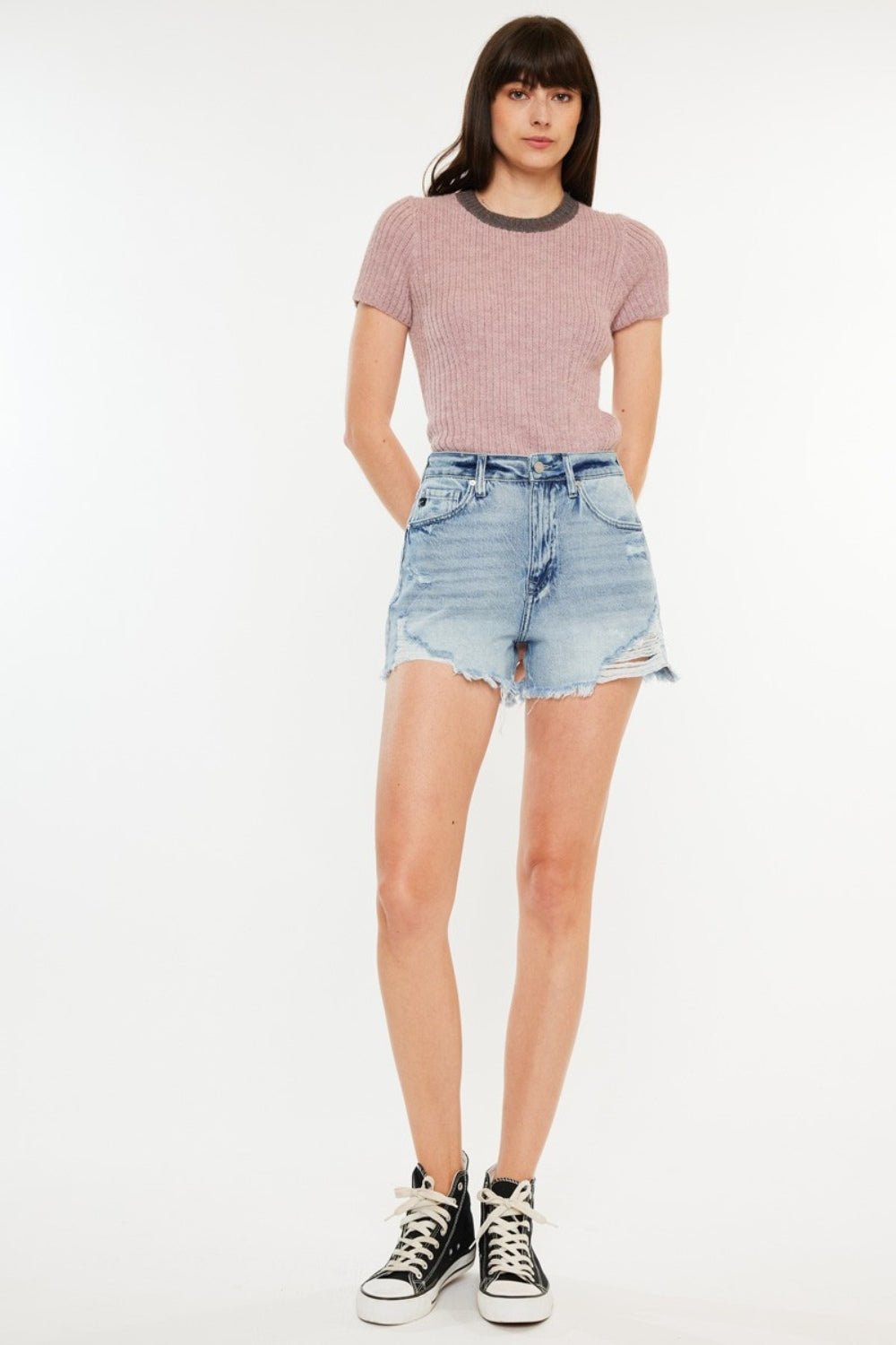 Kancan Distressed High Waist Denim Shorts with Pockets - S. M. & Co. Denim Shorts