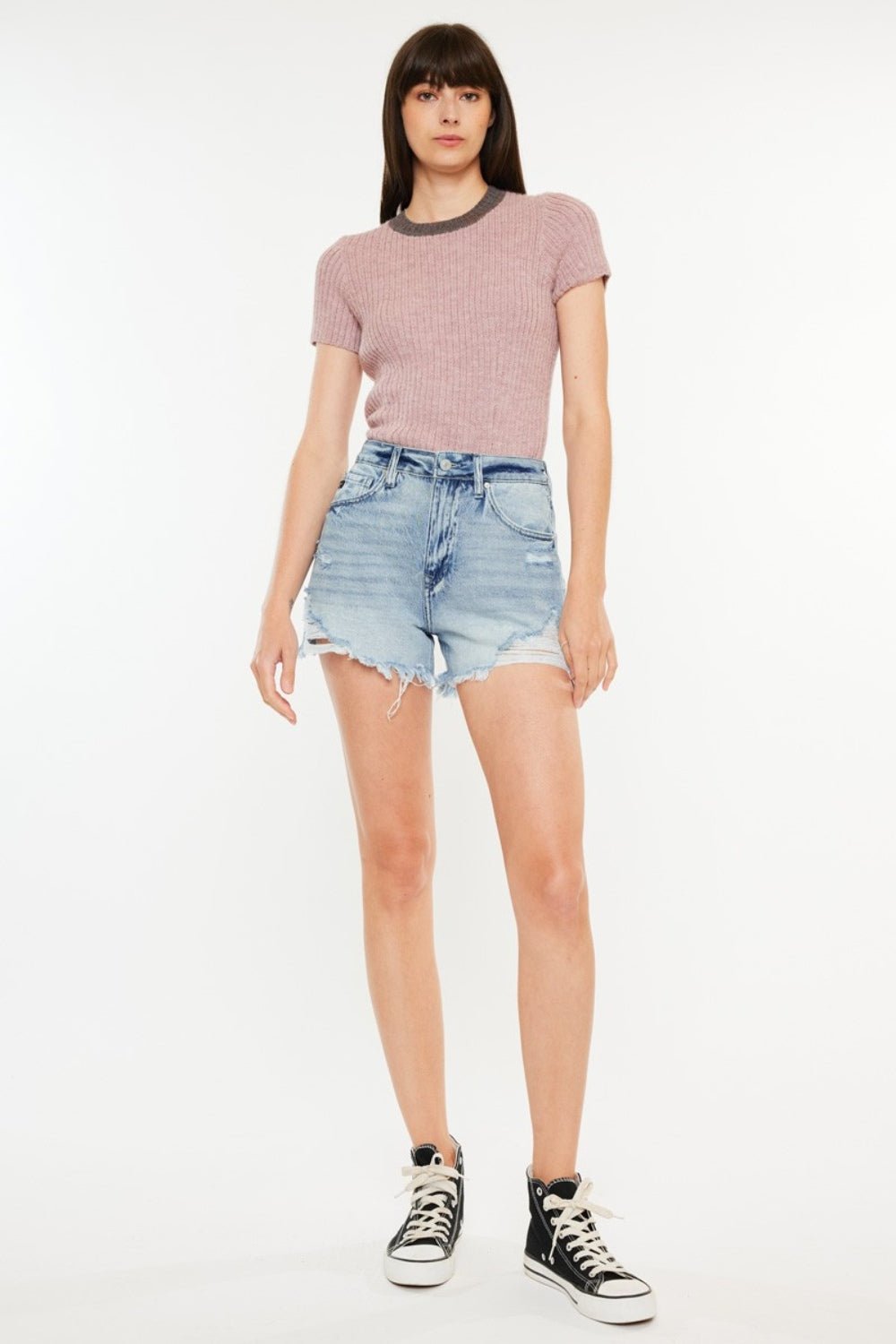 Kancan Distressed High Waist Denim Shorts with Pockets - S. M. & Co. Denim Shorts