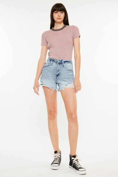 Kancan Distressed High Waist Denim Shorts with Pockets - S. M. & Co. Denim Shorts