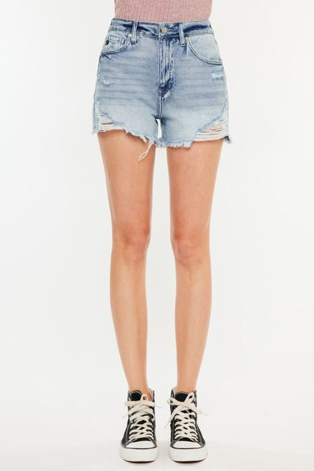 Kancan Distressed High Waist Denim Shorts with Pockets - S. M. & Co. Denim Shorts