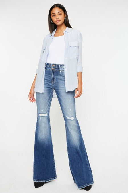 Kancan High Rise Wide Waistband Flare Jeans - S. M. & Co.