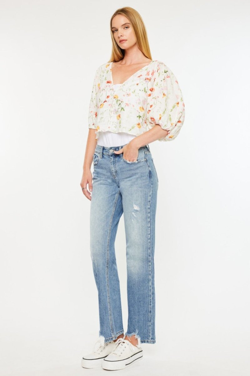 Kancan Mid Rise Frayed Hem Straight Jeans - S. M. & Co.